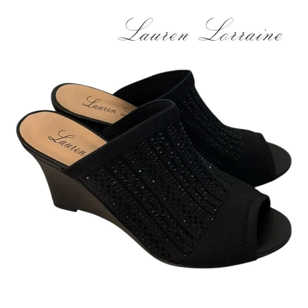 New Lauren Lorraine Martha Women’s Black Rhinestone Embellished Wedge Sandals 10